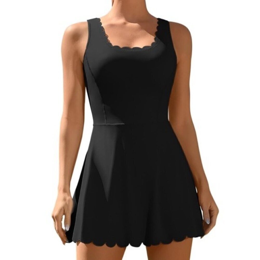 NEW Attarco Tennis Dress Women's Size XL Scallop Neck Fitted Black Racerback